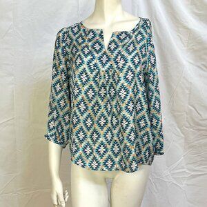 Ellie Kai Silk Blouse 3/4 length sleeves, orange turquoise navy blue, size 4